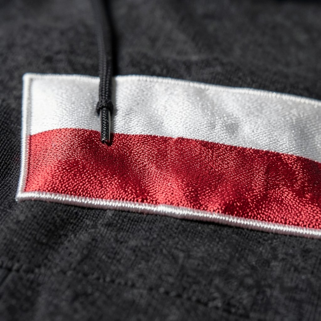 Bluza z kapturem, duża flaga, zbliżenie haftu