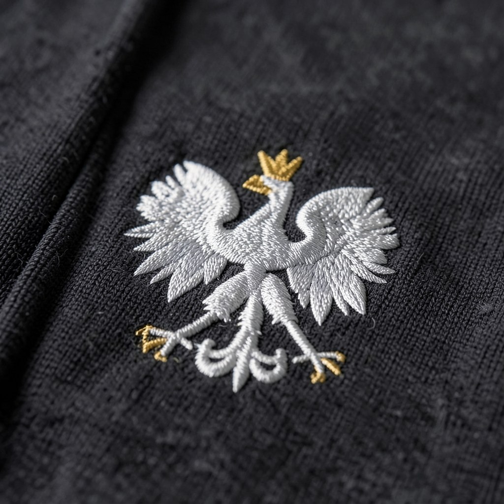 Bluza z kapturem, godło na sercu, zbliżenie haftu