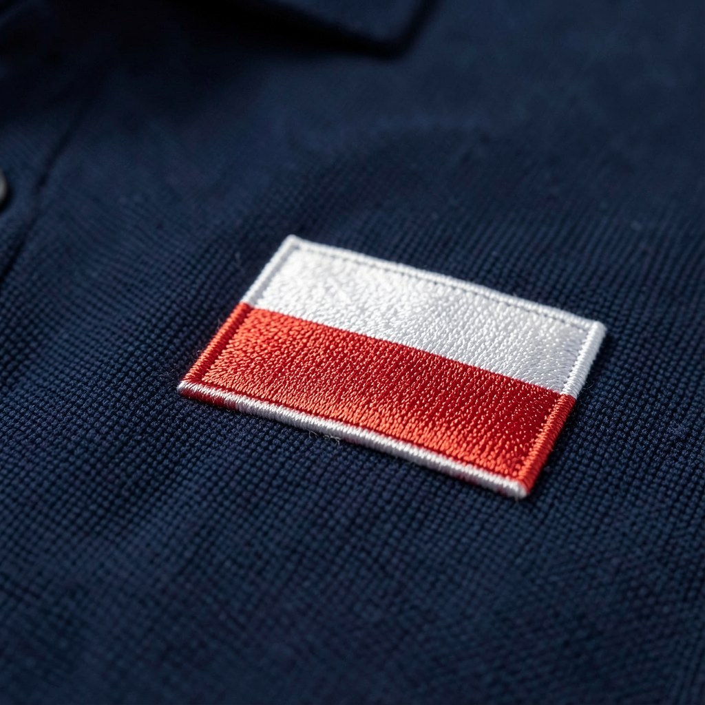 Polo, mała flaga, zbliżenie haftu