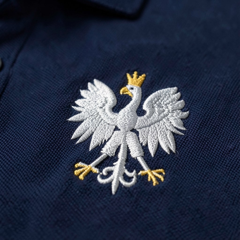 Polo, godło na sercu, zbliżenie haftu