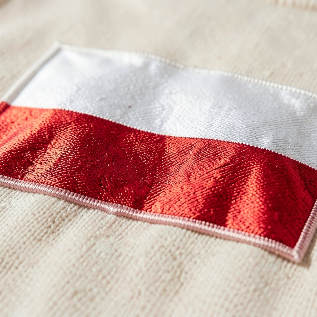 Sweter, duża flaga, zbliżenie haftu
