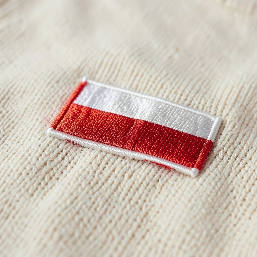 Sweter, mała flaga, zbliżenie haftu