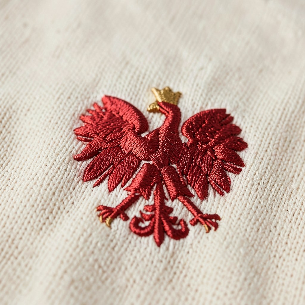 Sweter, godło na sercu, zbliżenie haftu