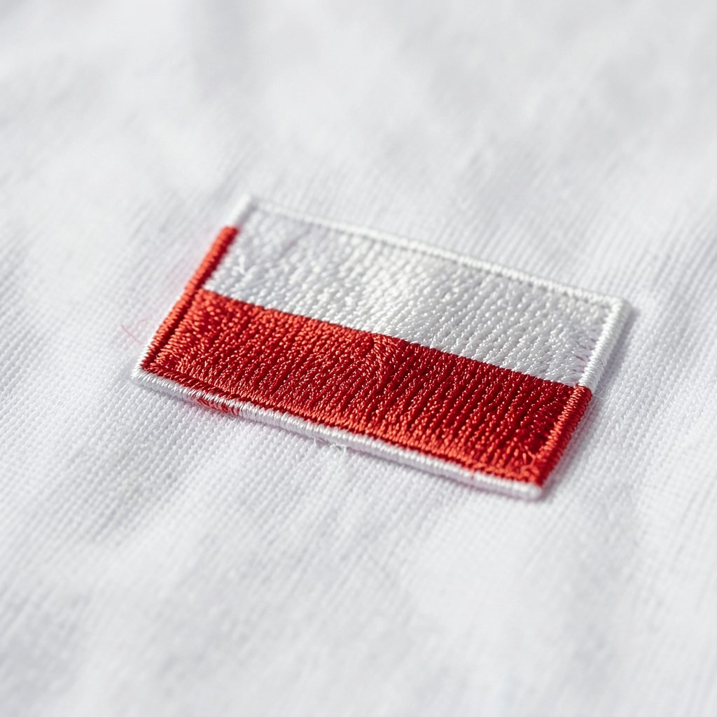 Koszulka, mała flaga, zbliżenie haftu