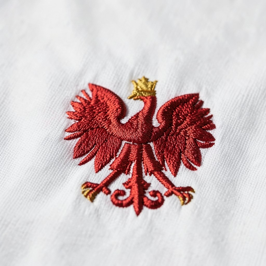 Koszulka, godło na sercu, zbliżenie haftu
